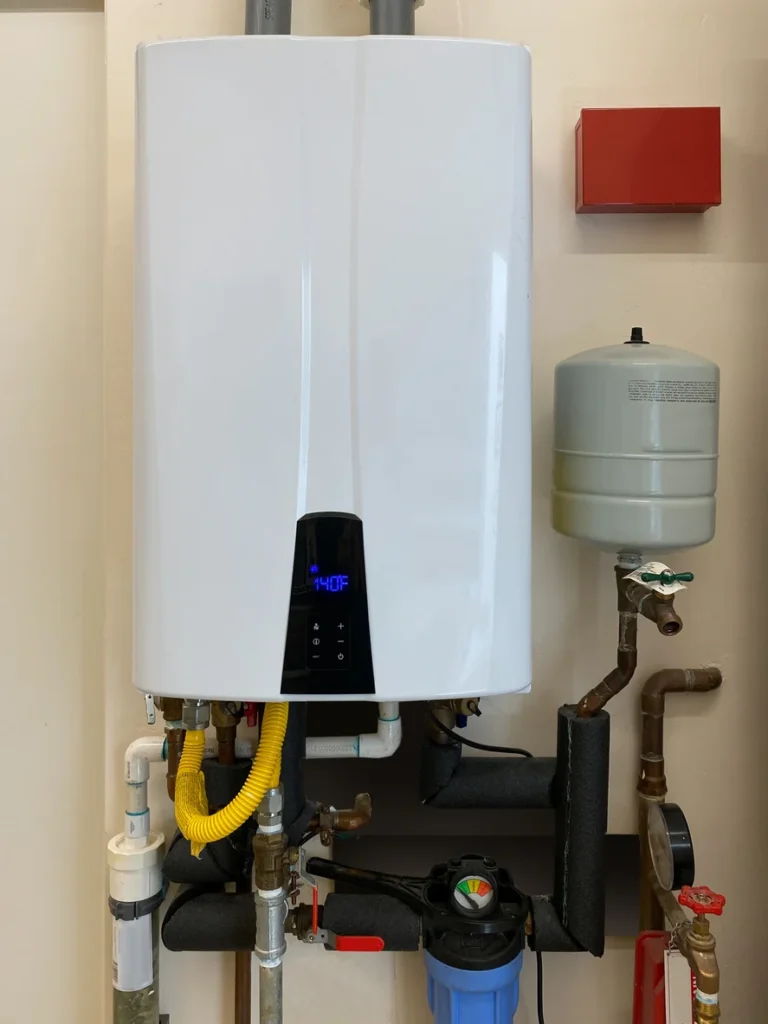 A gas boiler connected to a water heater